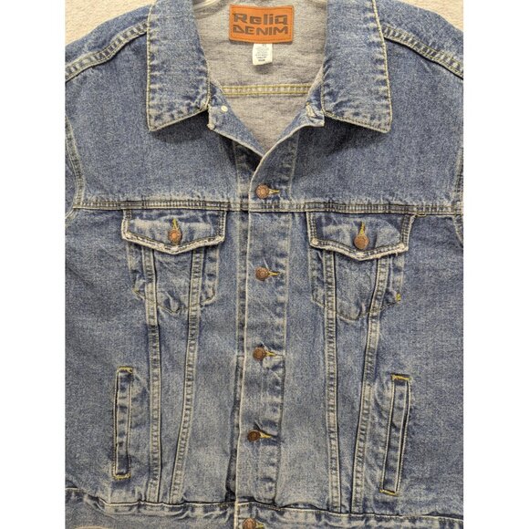 ReliQ Denim Jacket Mens XL Blue Trucker 100% Cotton Button Front Pockets Classic - Picture 2 of 7